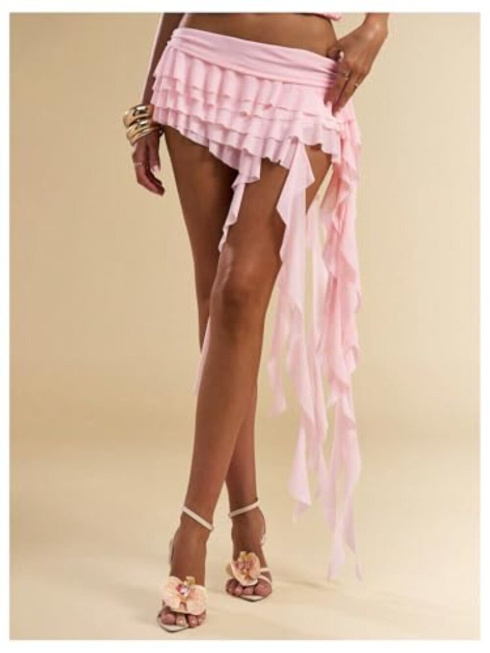 Mesh Asymmetrical Ruffle Mini Skirt Low Rise Tiered Flirty Y2k Concert Outfit - Picture 3 of 7